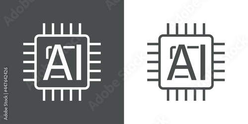 Inteligencia artificial. Icono plano procesador con circuito digital con texto AI con lineas en fondo gris y fondo blanco