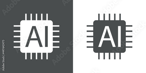 Inteligencia artificial. Icono plano procesador con circuito digital con texto AI en fondo gris y fondo blanco