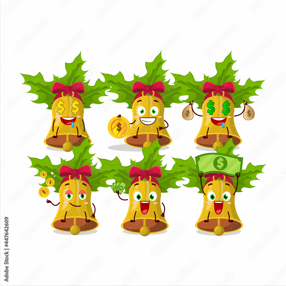 Naklejka premium jingle christmas bells cartoon character with cute emoticon bring money