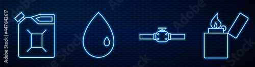 Set line Industry pipes and valve, Canister for gasoline, Oil drop, Lighter and Oil pump or pump jack. Glowing neon icon on brick wall. Vector