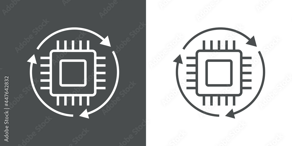 Tecnología electrónica. Icono plano procesador con circuito digital con flechas girando con lineas en fondo gris y fondo blanco