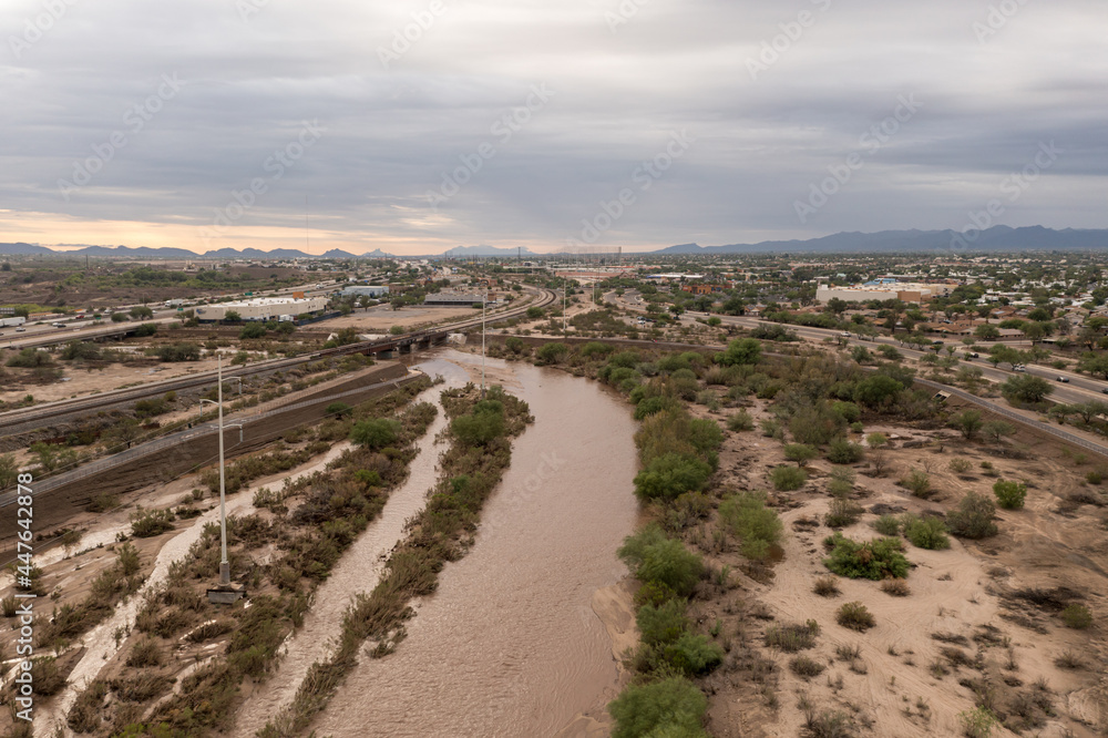Raging river in Tucson, Arizona after heavy monsoon rain