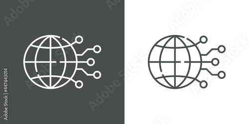 Tecnología electrónica. Icono plano globo terráqueo con circuito digital con lineas en fondo gris y fondo blanco