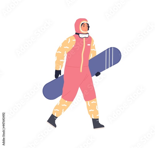 Female snowboarder walking with snowboard in hand. Person going in winter equipment and holding snow board. Flat vector illustration of woman in sporty warm outfit isolated on white background