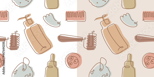 Cosmetics seamless pattern. Self care and body care linear icons. Vector cosmetic ornament. Fabric background. Outline illustration of sponge, cream, makeup, scrub, soap, bottle. Natural tone hue.