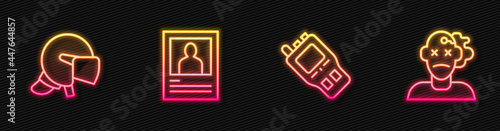 Set line Walkie talkie, Police helmet, Wanted poster and Murder. Glowing neon icon. Vector
