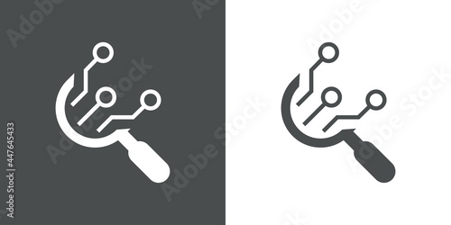 Tecnología electrónica. Icono plano circuito digital con forma de lupa con lineas en fondo gris y fondo blanco