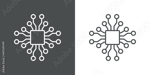 Tecnología electrónica. Icono plano procesador con circuito digital con lineas en fondo gris y fondo blanco