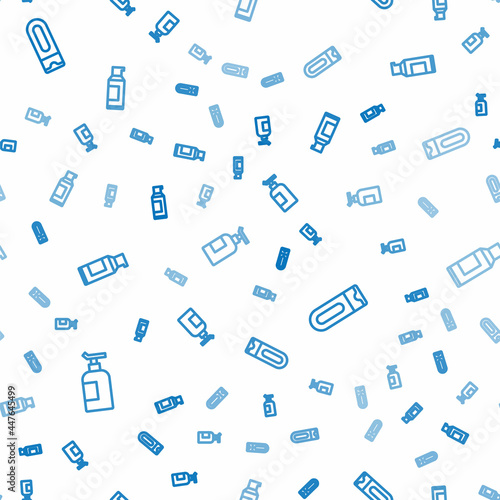 Set line Cream or lotion cosmetic tube, Bottle of shampoo and Spray can for hairspray on seamless pattern. Vector