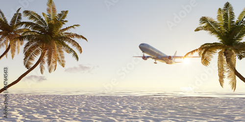 Summer holiday concept. Travel around the world. Airplane flies over palm beach by sunrise or sunset. 3d rendering.