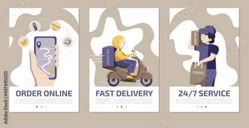 Delivery service order shipping mobile App page aboard screen set, courier delivering food on motorbike, man carry bag with food concept for website or web page. Cartoon flat vector illustration