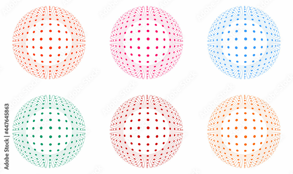 Abstract tech dot sphere, ball, globe, circle design in orange, pink, blue, green color on white background