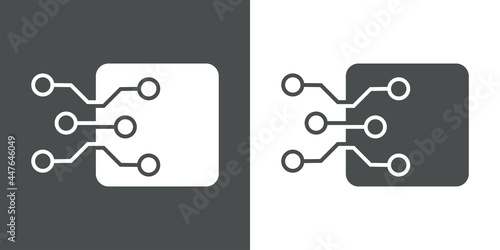 Tecnología electrónica. Logotipo circuito digital en cuadrado en fondo gris y fondo blanco