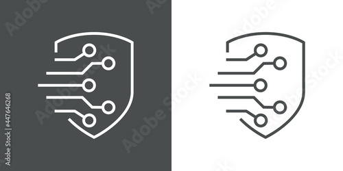 Tecnología electrónica. Logotipo con circuito digital con forma de escudo con lineas en fondo gris y fondo blanco