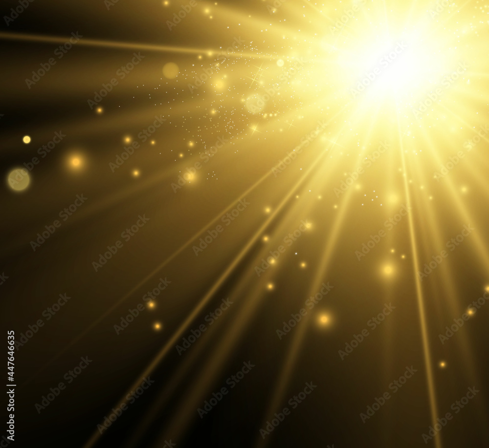 Fototapeta premium Special lens flash, light effect. The flash flashes rays and searchlight. illust.White glowing light. Beautiful star Light from the rays. The sun is backlit. Bright beautiful star. Sunlight. Glare.
