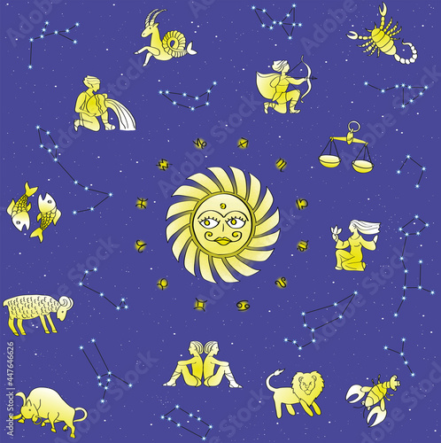 seamless pattern with celestial stars and zodiac constellations