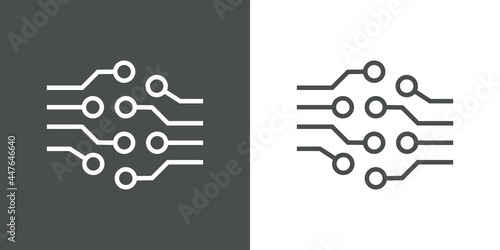 Tecnología electrónica. Icono plano circuito digital con lineas en fondo gris y fondo blanco