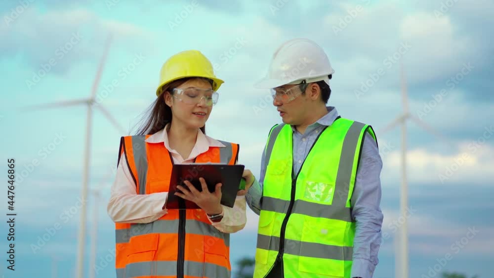 young engineer team working with report in clipboard against wind turbine farm young engineer team working with report in clipboard against wind turbine farm