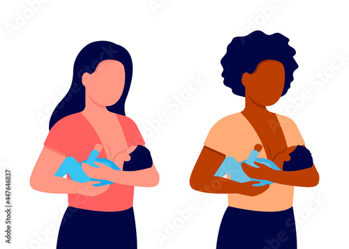 Breastfeeding, mother feeding newborn baby with breast in hands. Child boy drinks milk from the female breast. Breast feeding, happy mother day. Lactation. Vector illustration