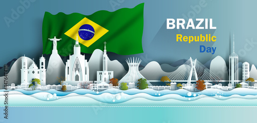 Landmark illustration anniversary celebration Brazil day with brazilian flag background. photo