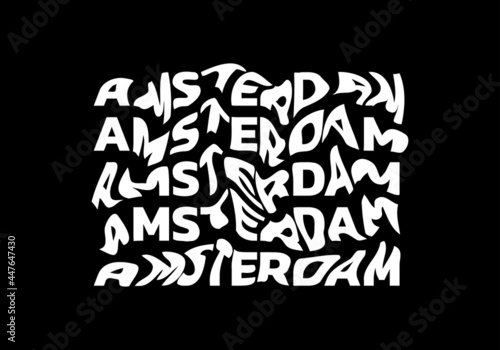 Amsterdam typography text or slogan with wavy letters. T-shirt graphic with ripple or glitch effect. Abstract print, banner, poster, emblem design. Vector illustration.