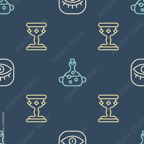 Set line Masons, Medieval goblet and Poison in bottle on seamless pattern. Vector