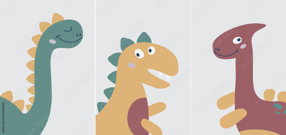 Obraz premium Set cartoon print with cute Dino. Poster, card, banner, flyer. 