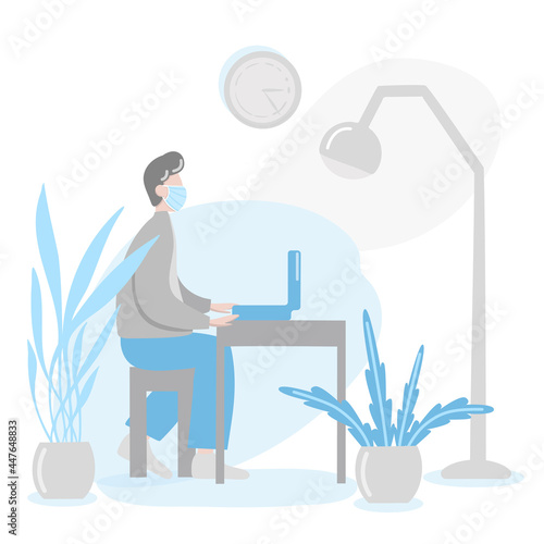 European man in in white medical face mas working with computer laptop at the office flat design. businessman man at table, character work manager vector illustration during quarantine.