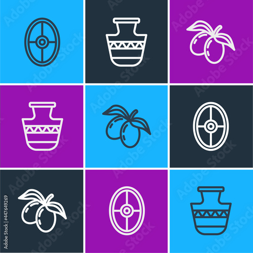 Set line Greek shield, Olives branch and Ancient amphorae icon. Vector