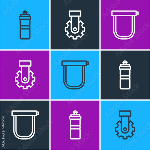 Set line Sport bottle with water, Bicycle lock and Derailleur bicycle rear icon. Vector
