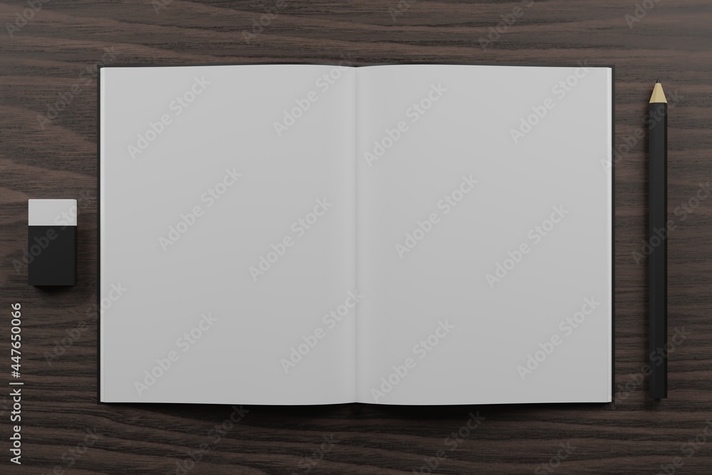 3D white opened notebook, eraser, and black pencil on wooden table. 3D rendering of stationery. 3D white opened notebook, eraser, and black pencil on wooden table. 3D rendering of stationery.