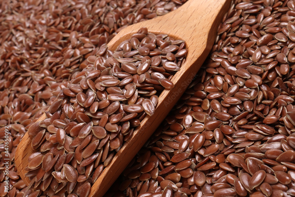 Flex seed flaxseed closeup wooden scoop spoon laid on top with pile of seeds Flex seed flaxseed closeup wooden scoop spoon laid on top with pile of seeds