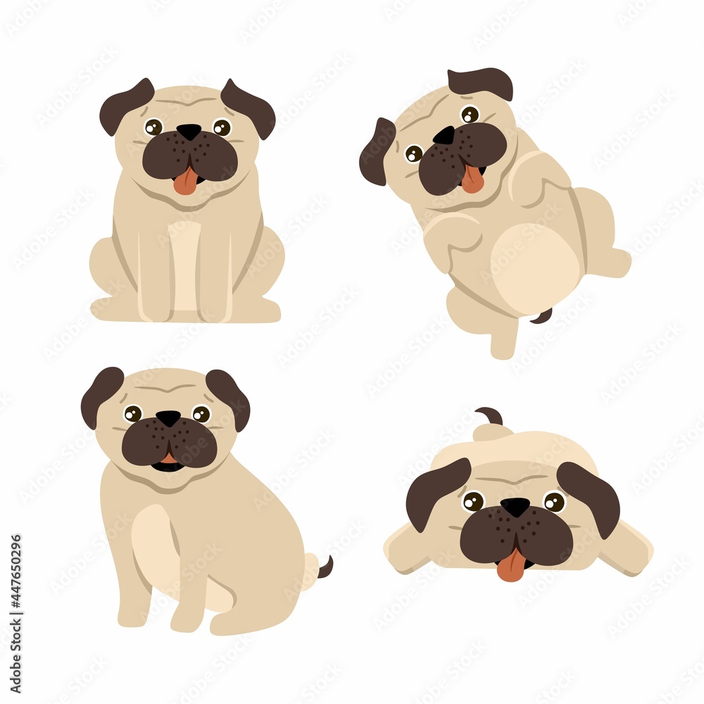 Fototapeta premium Funny pug set of 4 dogs, vector illustration in a flat style. For use on printing souvenirs, postcards and textiles.