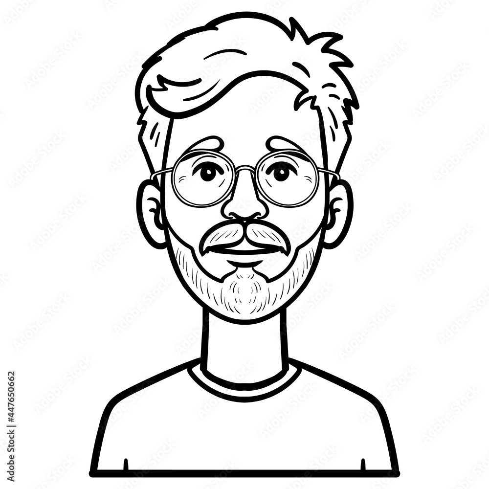 monochrome comic avatar of a young man with a full beard and glasses. outline, isolated.
