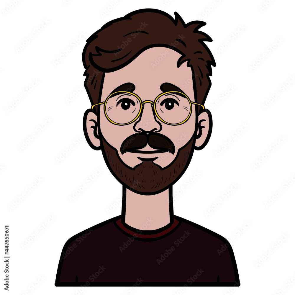 comic avatar of a young man with a beard and glasses.