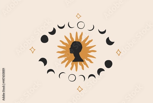 Hand drawn vector abstract stock flat graphic illustration with logo element,bohemian astrology magic minimalistic art of mystic moon phases silhouettes and sun in circle,simple style for branding.