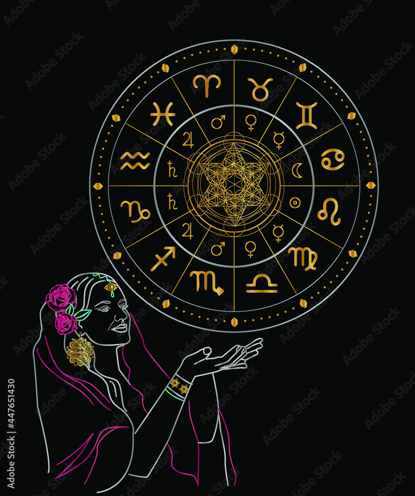 Obraz premium The illustration - zodiac chart in black and gold color.