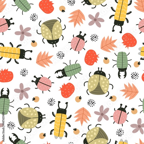 seamless pattern with insects, flowers, decor elements. summer colorful vector for kids, flat style. Baby design for fabric, textile, print, wrapper.