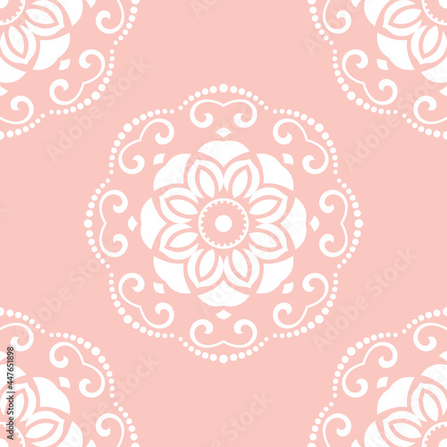 Floral vector ornament. Seamless abstract classic pink and white background with flowers. Pattern with floral elements. Ornament for wallpaper and packaging