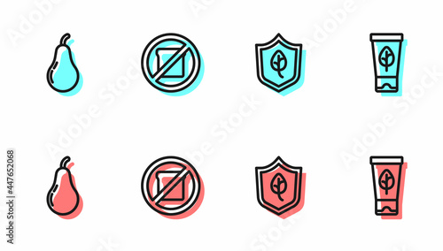 Set line Vegan food diet, Pear, Gluten free grain and Organic cosmetic icon. Vector