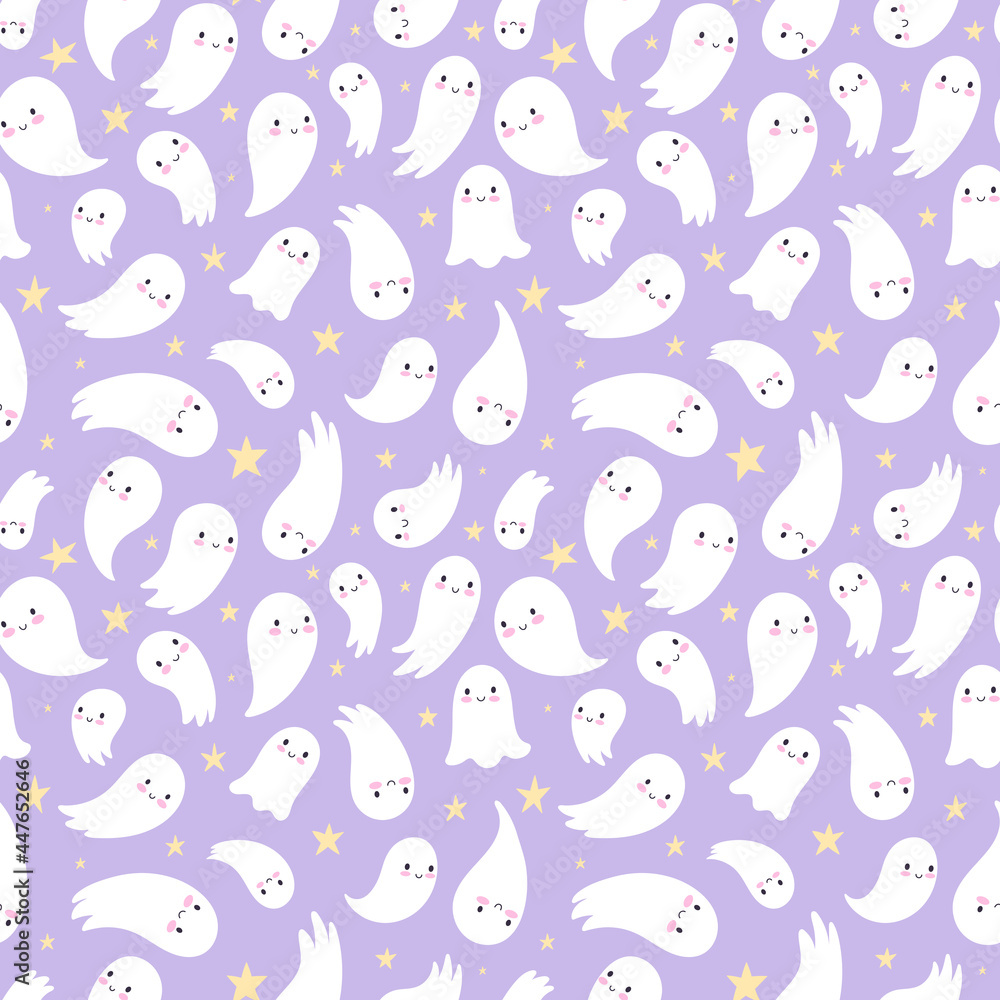 Fototapeta premium Halloween seamless pattern. Childish seamless background with cute ghosts.