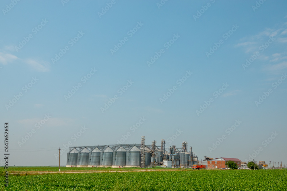 Silos in a barley field. Storage of agricultural production. In field Silos in a barley field. Storage of agricultural production. In field
