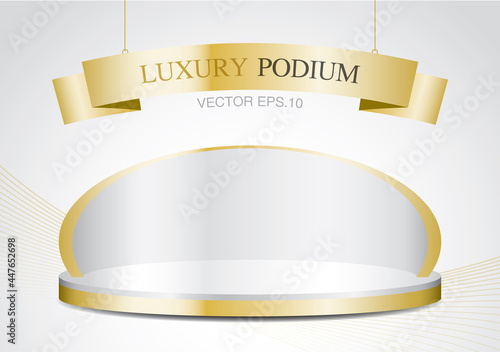 luxury gold display stage with shiny ribbon sign 3d illustration vector for putting your object