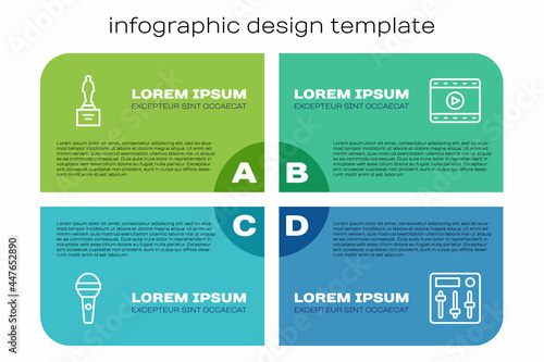 Set line Microphone, Movie trophy, Sound mixer controller and Play Video. Business infographic template. Vector