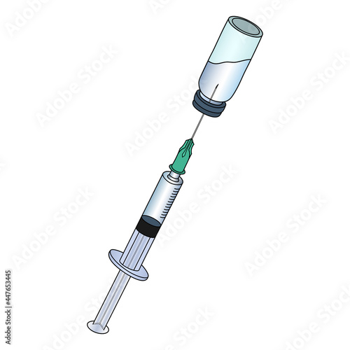 Syringe for injection. Draw liquid medicine from the bottle. Colored vector illustration. Sharp needle. Patient treatment. Outline on an isolated white background. Medical instrument. Health theme.