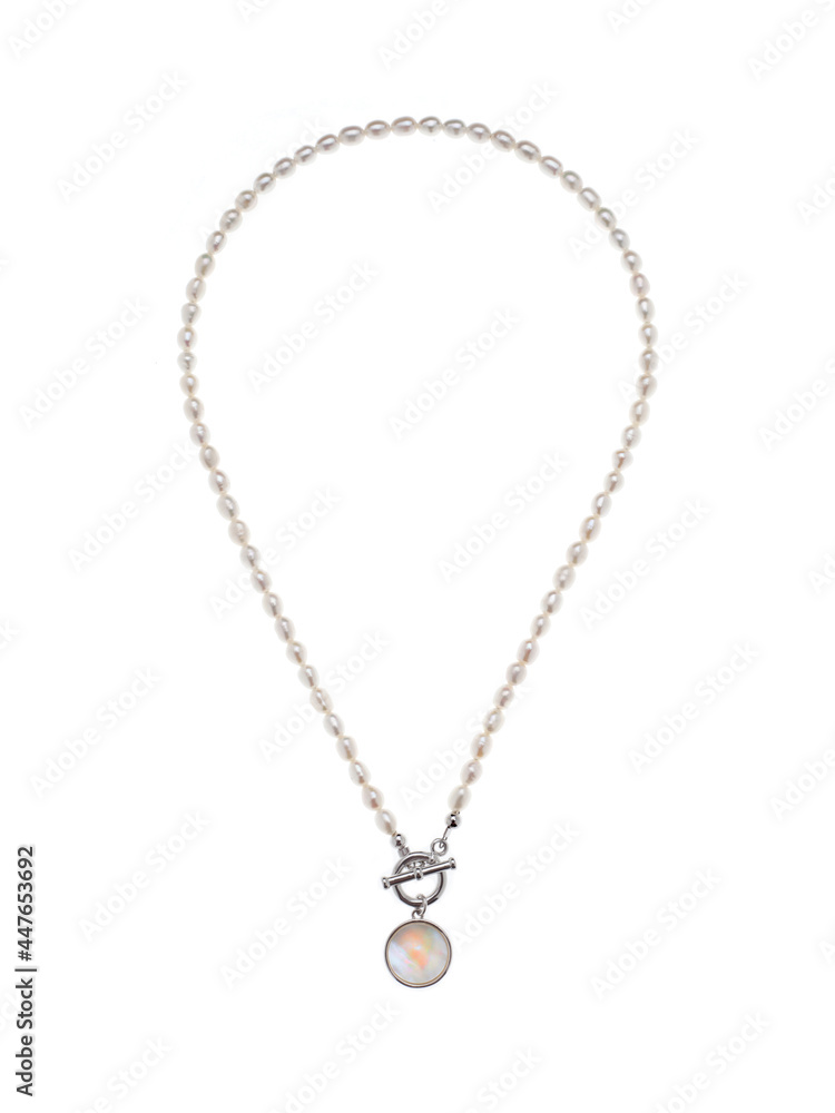 Luxury elegant baroque pearl silver necklace with pendant isolated on white background