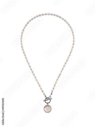 Luxury elegant baroque pearl silver necklace with pendant isolated on white background