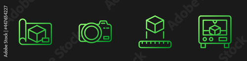 Set line Isometric cube, Graphing paper for engineering, Photo camera and 3D printer. Gradient color icons. Vector
