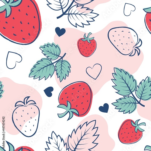 Hand drawn strawberry seamless pattern. Cartoon fresh berry with hearts. Red strawberries and green leaves with dark blue doodle stroke on white background. 