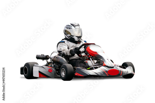 Go Kart Racer Isolated Over White Background.  Kart is Black, Grey and Red.